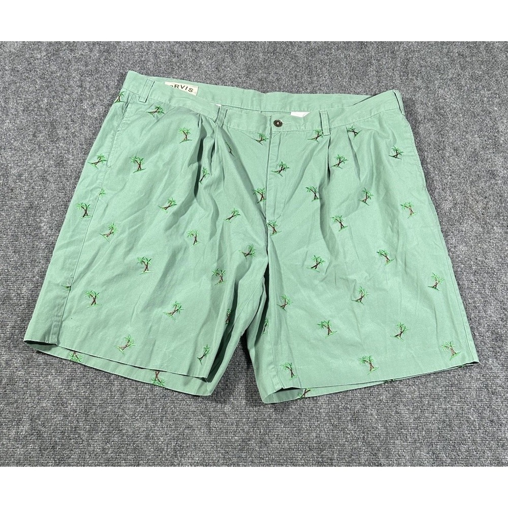 Orvis Shorts Mens 44 Green Palm Tree Embroidered Chino Casual Summer Flat Front